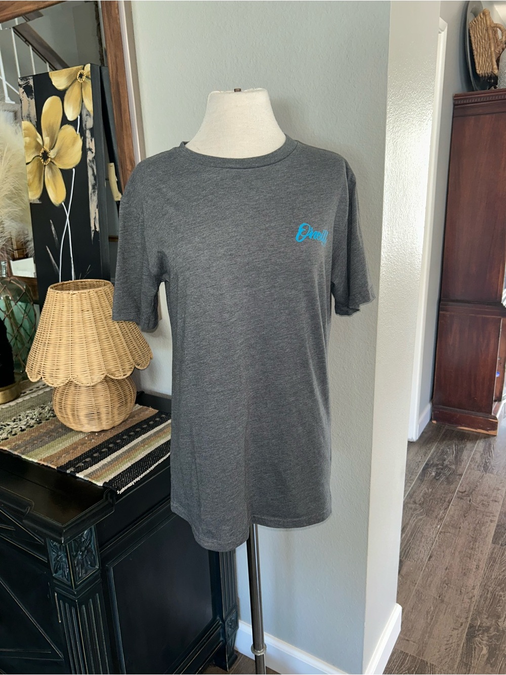 O'Neill Charcoal Gray Tee with Teal Script Logo